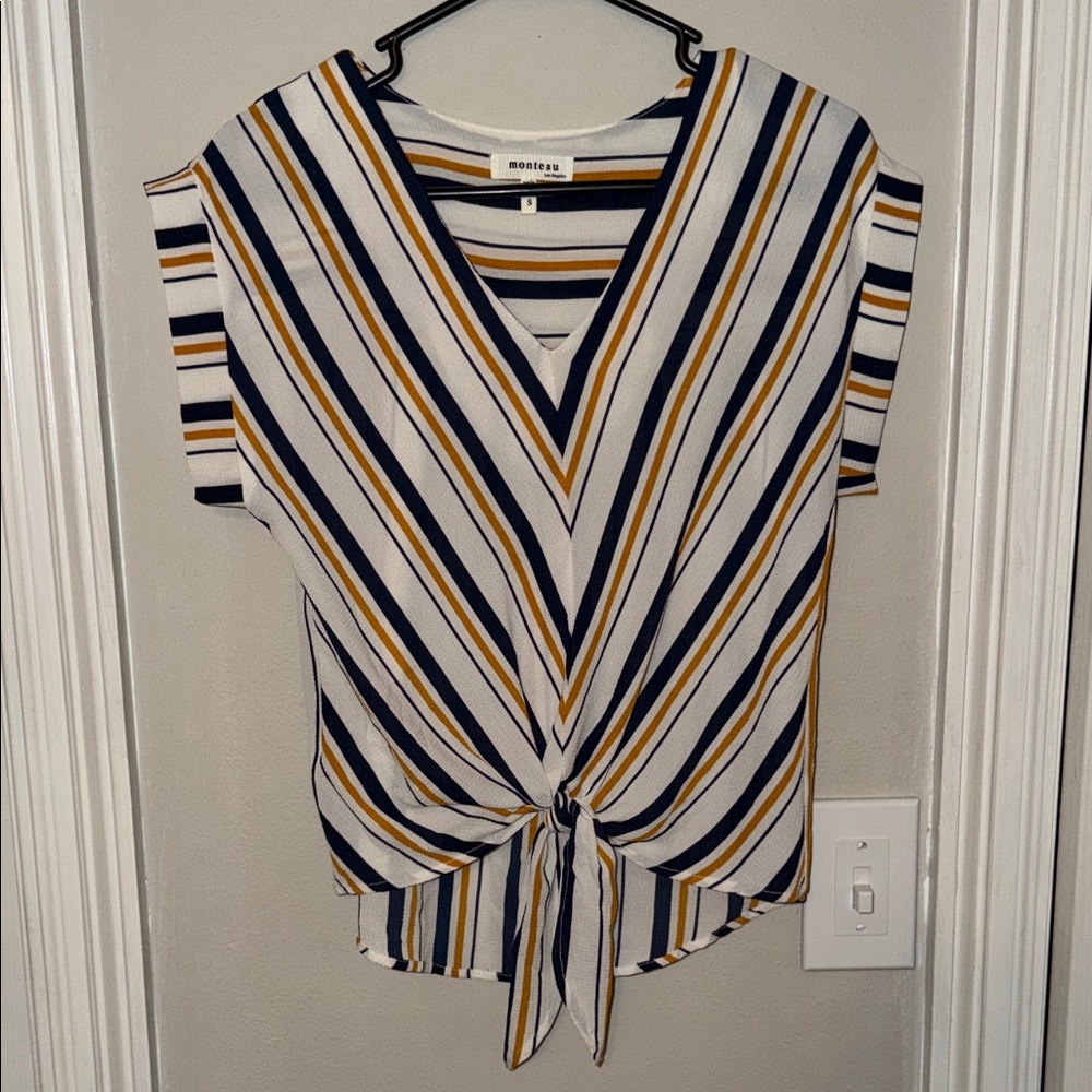 Monteau V-Neck Striped Blouse - Navy, Yellow/Gold and Cream